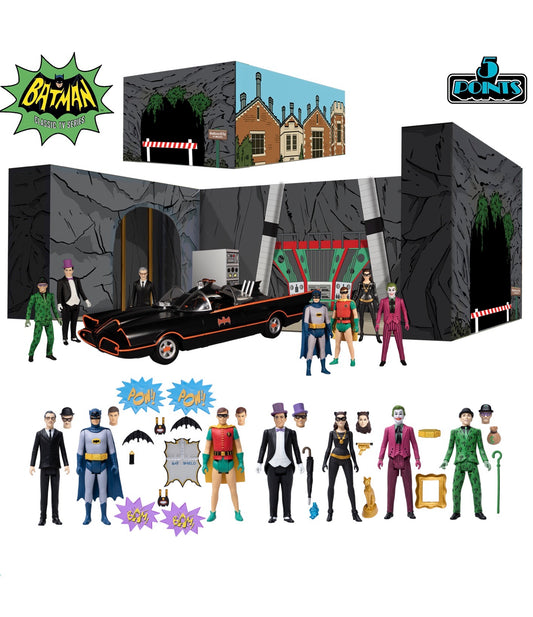 Batman (1966) 5 Points Deluxe Boxed Set With 7 Figures, Batmobile & Batcave Diorama front view