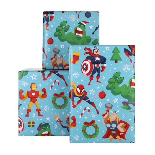 12M Multipack Christmas Wrapping Paper - 3 x 4M Rolls in 1 Blue MARVEL Design