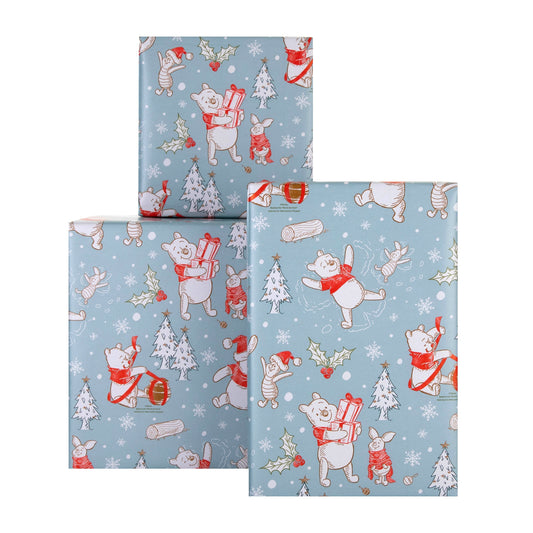 12M Multipack Christmas Wrapping Paper - 3 x 4M Rolls in 1 Blue Disney Winnie the Pooh Design