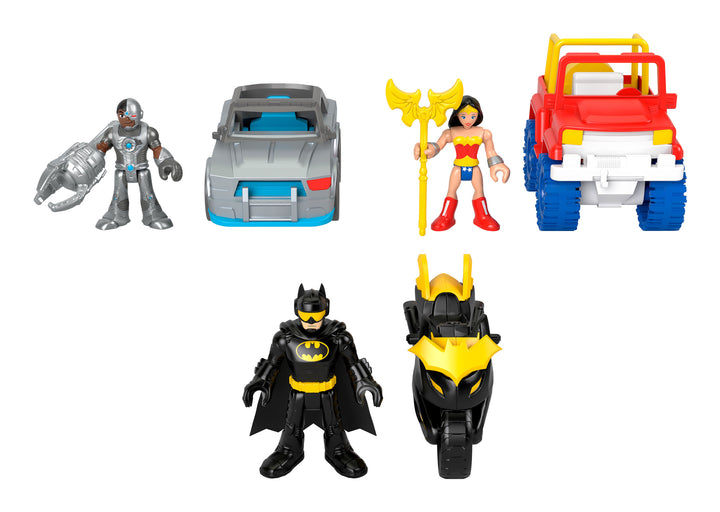 Imaginext DC Super Friends Heroes Batman, Wonder Woman and Cyborg 3" Assorted Figures Playset with Vehicles and Accessories
