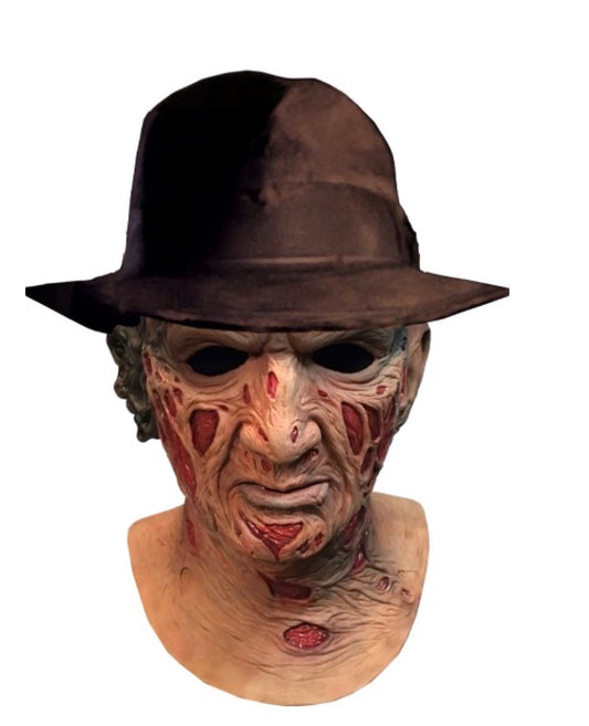 A Nightmare on Elm Street Deluxe Freddy Krueger Mask with Fedora Hat front view