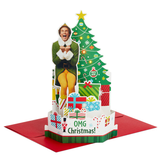 Christmas Paper Wonder Card - 3D Pop Up Buddy the Elf with Tree and Light and Sound Design
