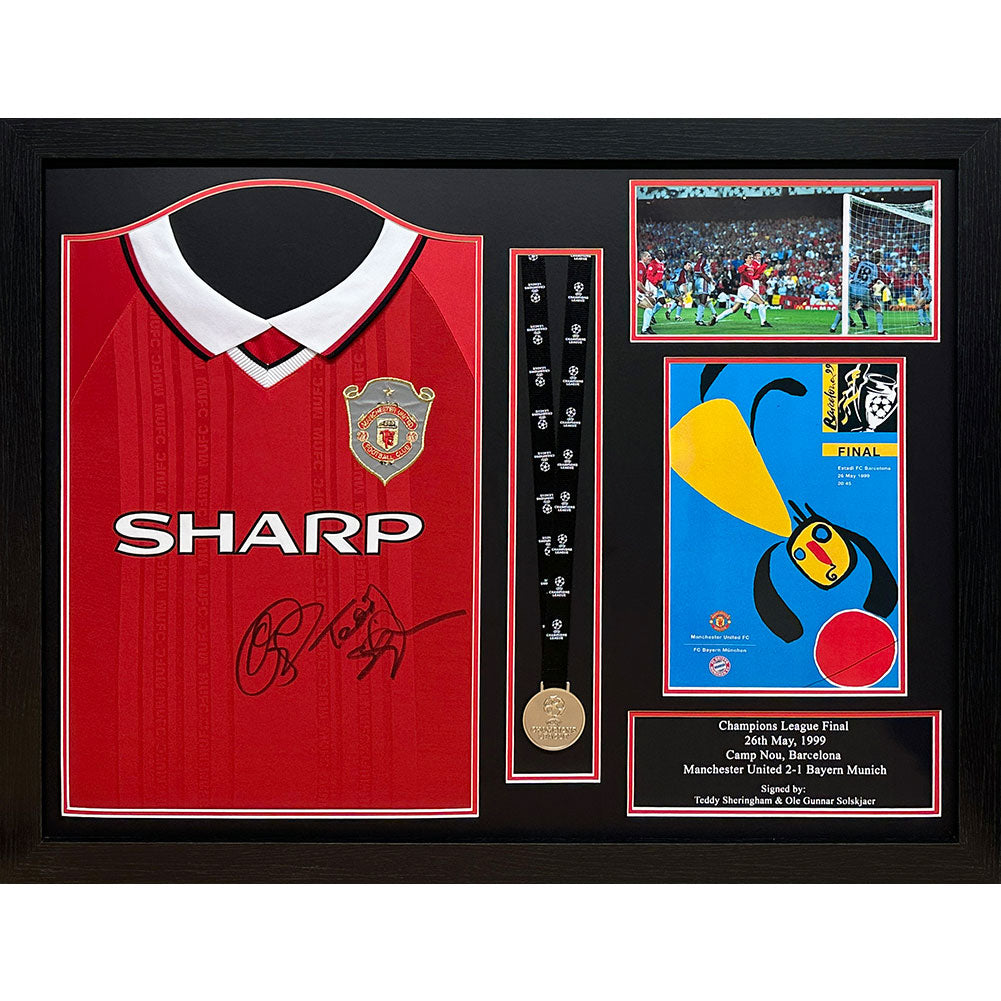 Manchester United FC 1999 Ole Gunnar Solskjaer and Teddy Sheringham Signed Shirt & Medal (Framed)