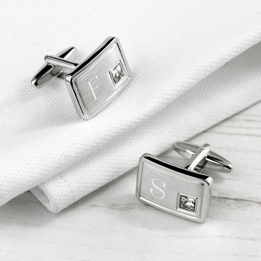 Personalised Brushed Silver Cufflinks With Crystal, alternate view