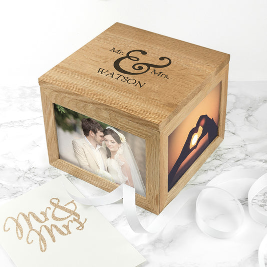 Personalised Classic Mr & Mrs Oak Photo Keepsake Box, alternate view