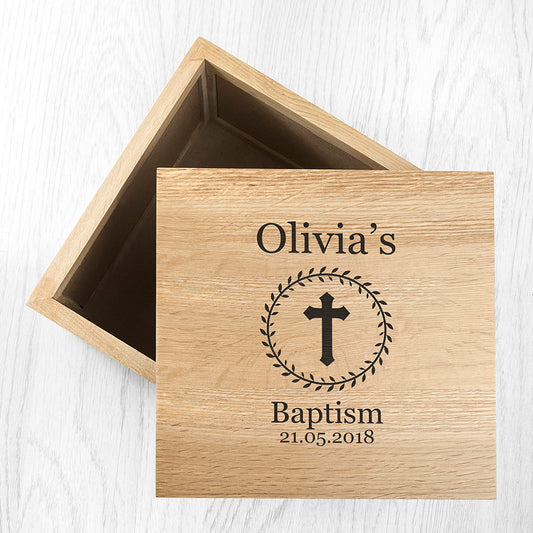 Personalised Christening Cross Oak Photo Keepsake Box with Leaf Frame, alternate view