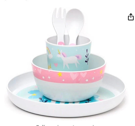Unicorn Magic 5 Piece Kids Toddlers Cup Bowl Plate Cutlery Set New FREE P&P