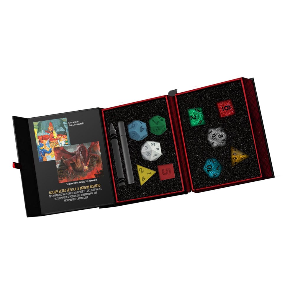 Dungeons and Dragons 50th Anniversary Dice Set Then and Now Holmes Retro Replica and Modern Holmes Inspired