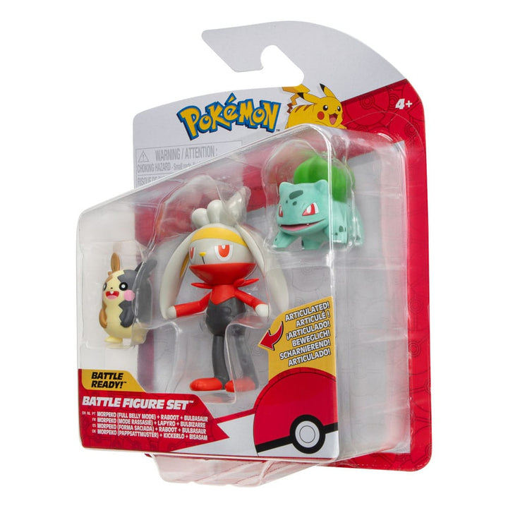 Pokémon Morpeko (Full‑Belly Mode) Bulbasaur and Raboot 1.9" Scale Battle Figure Set (3‑Pack)