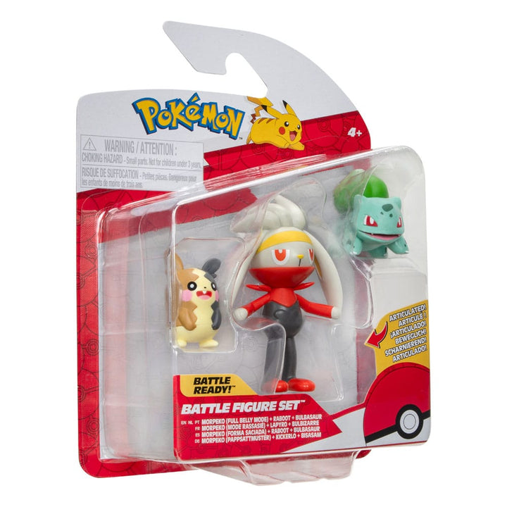 Pokémon Morpeko (Full‑Belly Mode) Bulbasaur and Raboot 1.9" Scale Battle Figure Set (3‑Pack)