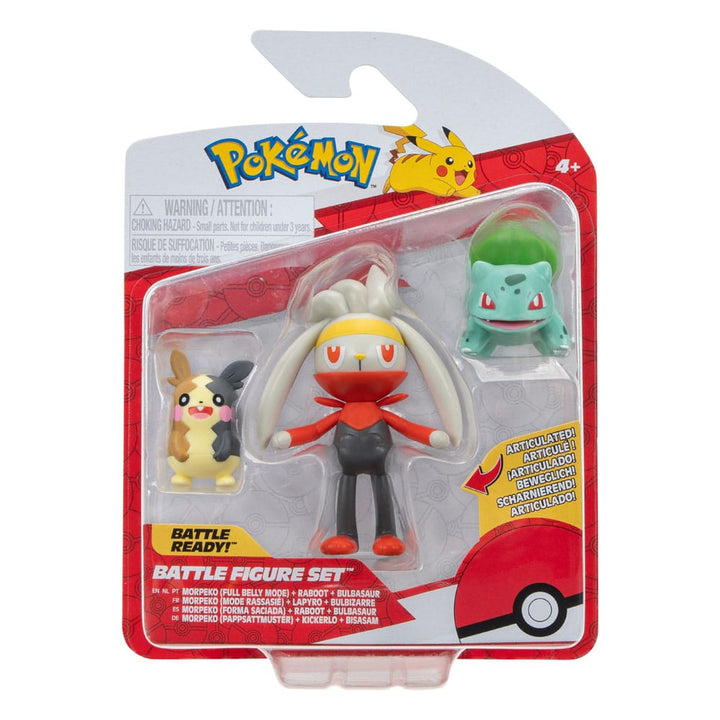 Pokémon Morpeko (Full‑Belly Mode) Bulbasaur and Raboot 1.9" Scale Battle Figure Set (3‑Pack)