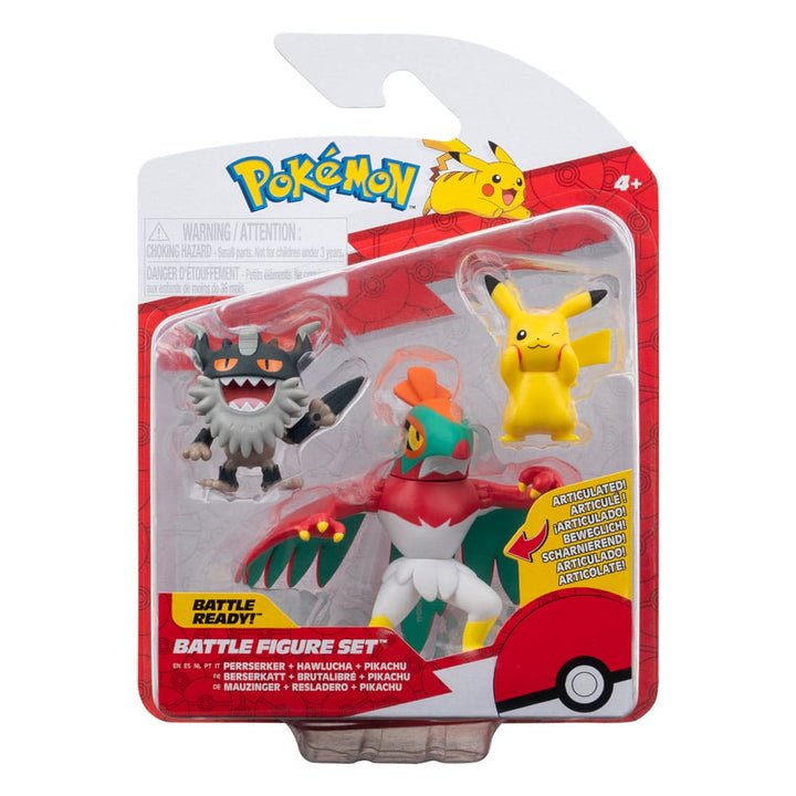 Pokémon Pikachu and Perrserker and Hawlucha 1.9" Scale Battle Figure Set (3-Pack)