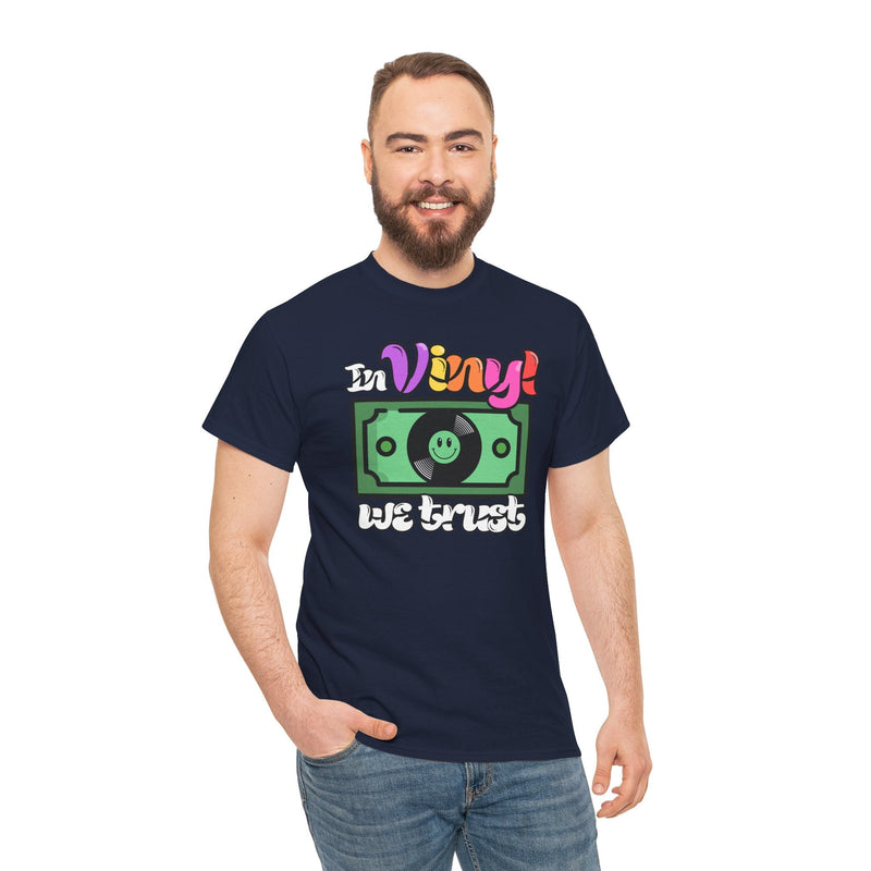 'In Vinyl We Trust' Men's T-Shirt, showing reverse