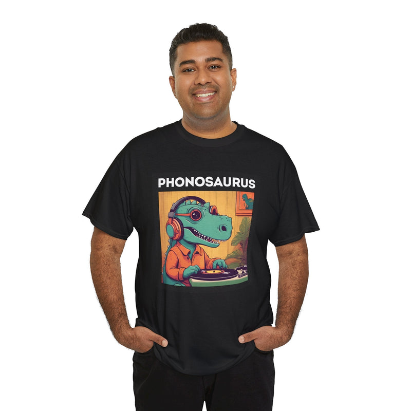 'Phonosaurus' Men's Vinyl T-Shirt, side angle