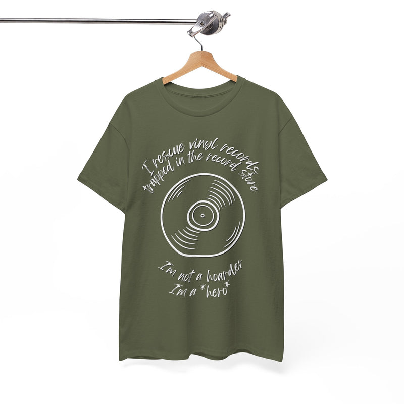 'I'm Not a Hoarder, I'm a Hero' Men's Vinyl T-Shirt, showing reverse