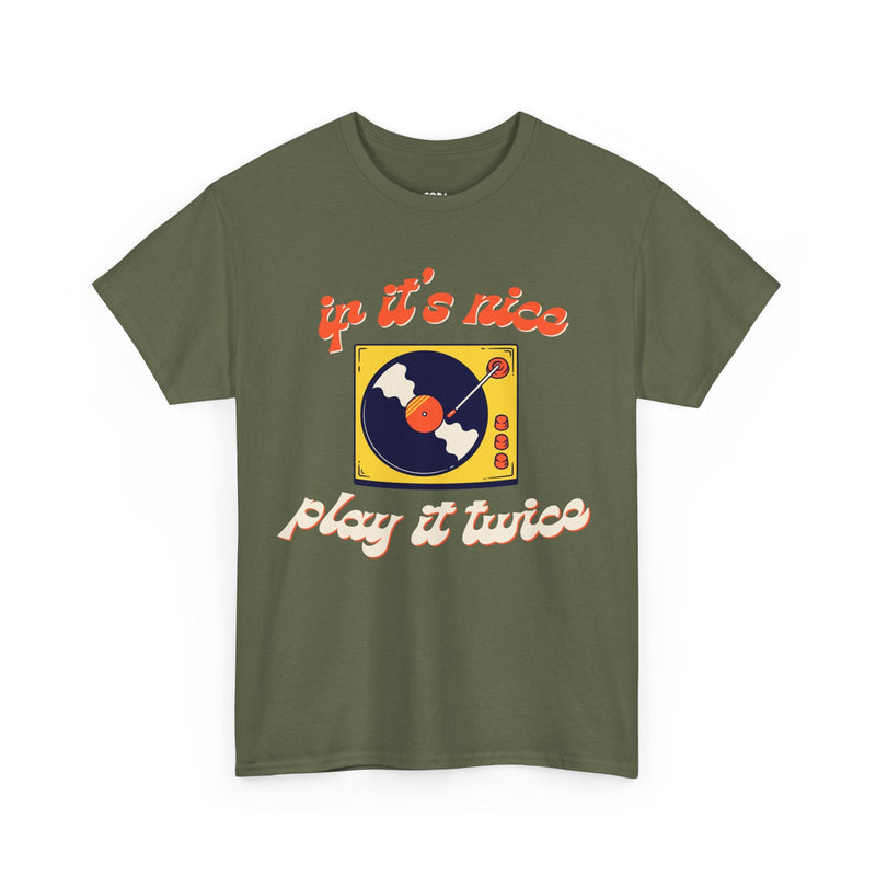 'If It’s Nice, Play It Twice' Vinyl T-Shirt, in display
