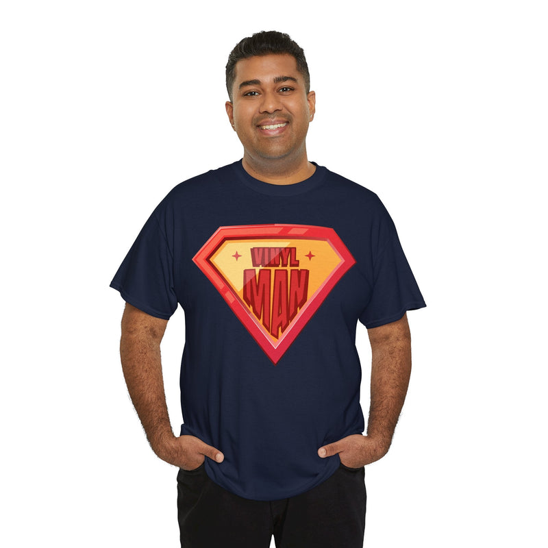 'Vinyl Man' Men's Superhero T-Shirt, packaging shot