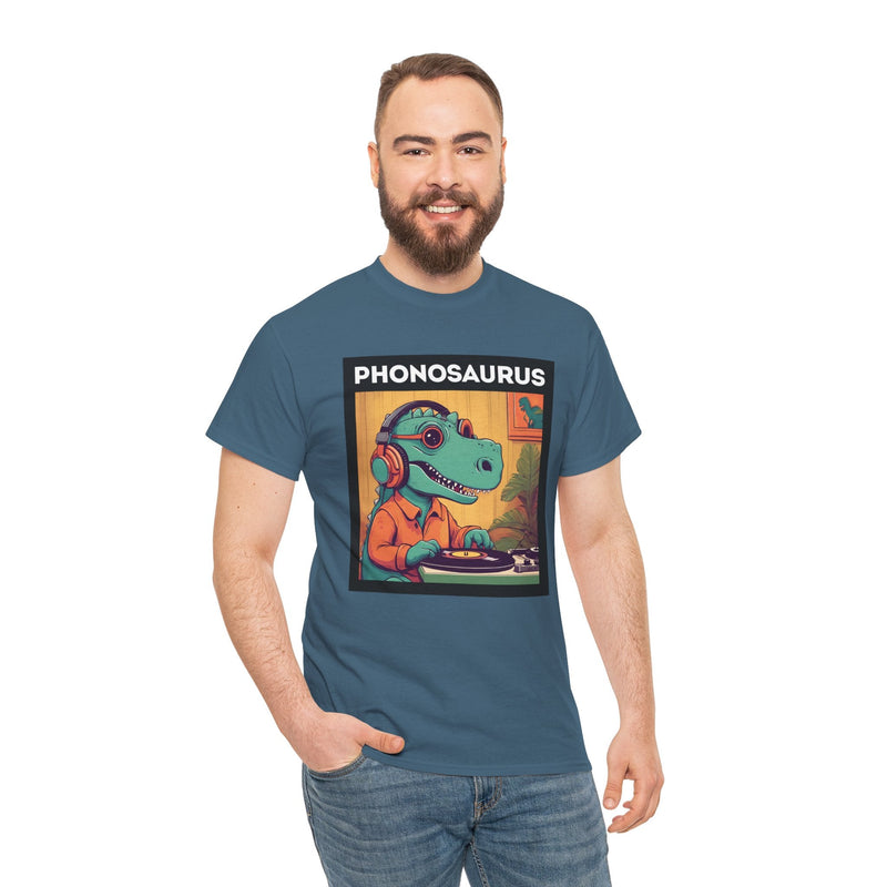 'Phonosaurus' Men's Vinyl T-Shirt, showing reverse