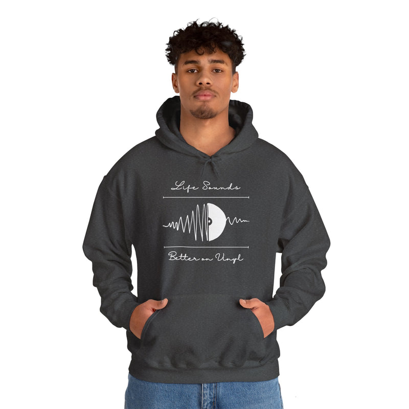 'Life Sounds Better on Vinyl' Men's Hoodie, close-up detail