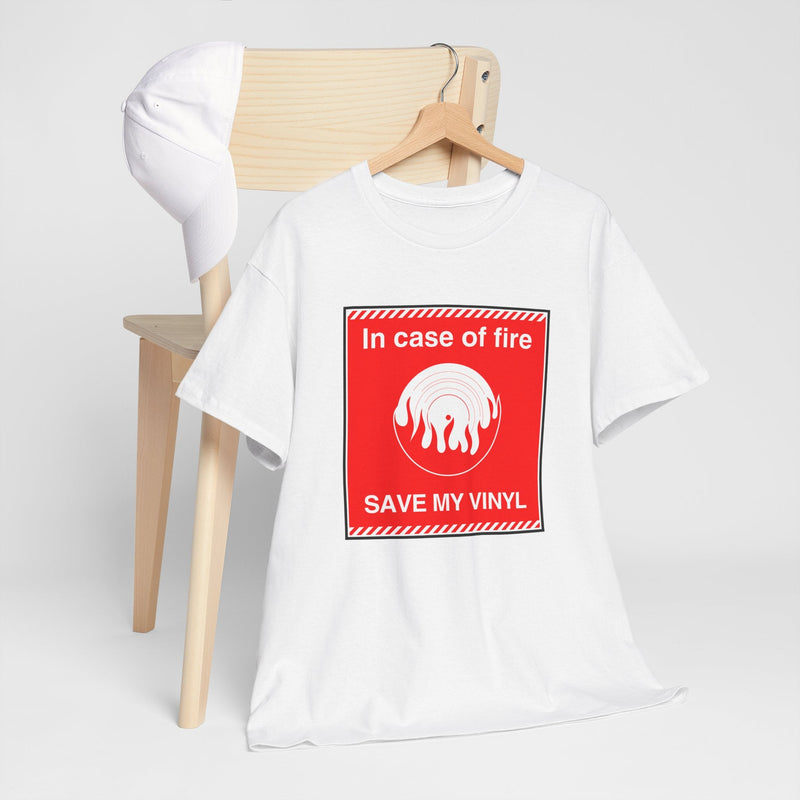 'In Case of Fire, Save My Vinyl' T-Shirt, side angle