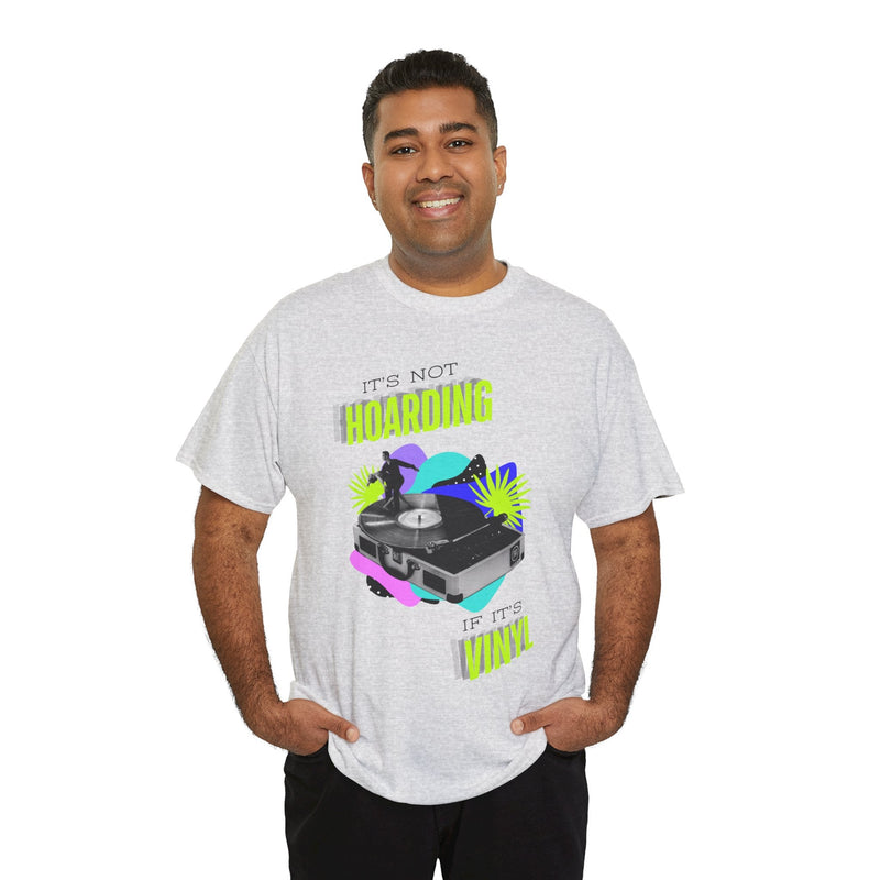 'It's Not Hoarding If It's Vinyl' Flouro Men's T-Shirt, size reference