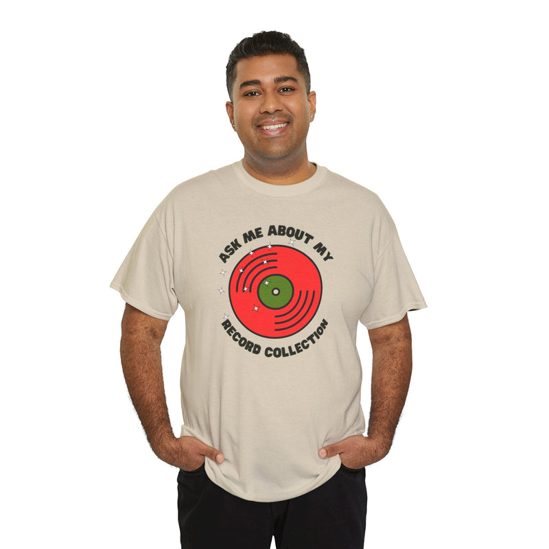 'Ask Me About My Record Collection' Men's T-Shirt, close-up detail