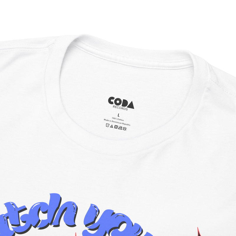 'Catch You On The Flip Side' Men's Vinyl T-Shirt, close-up detail