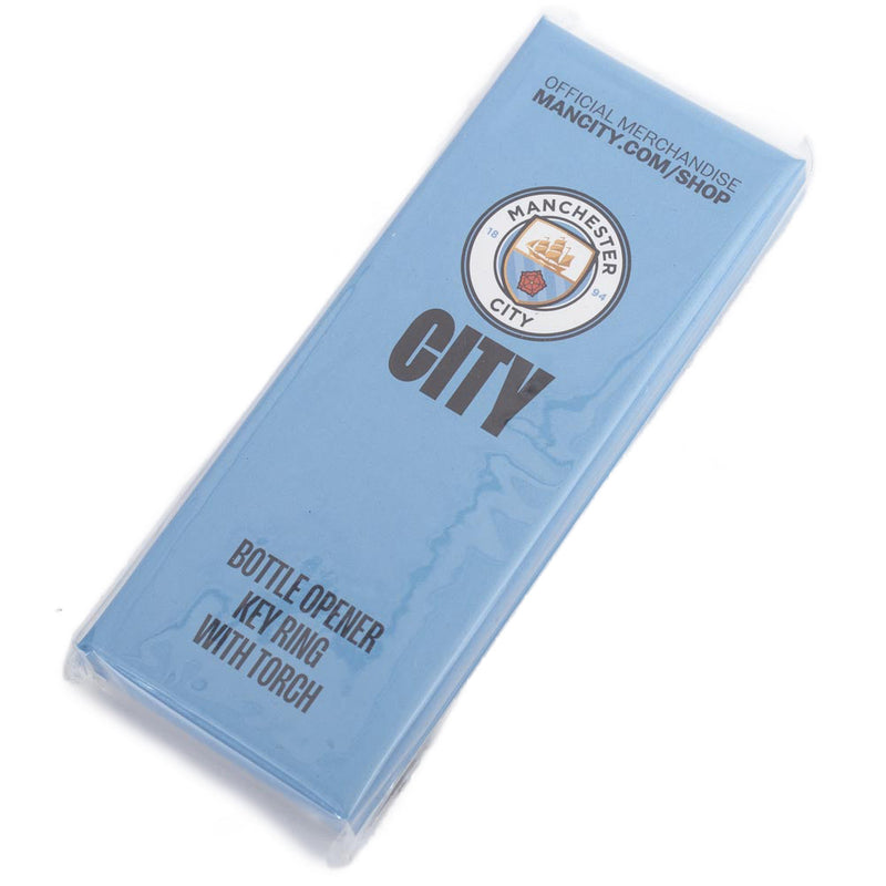 Manchester City FC Bottle Opener Keyring with Torch, side angle