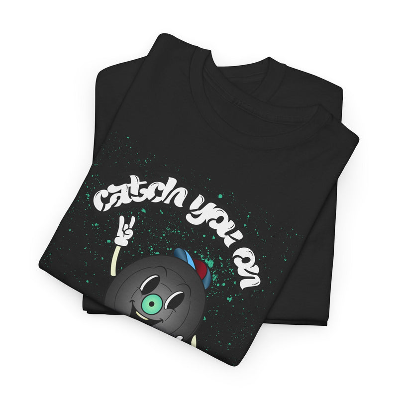'Catch You On The Flip Side' Men's Vinyl T-Shirt, showing reverse