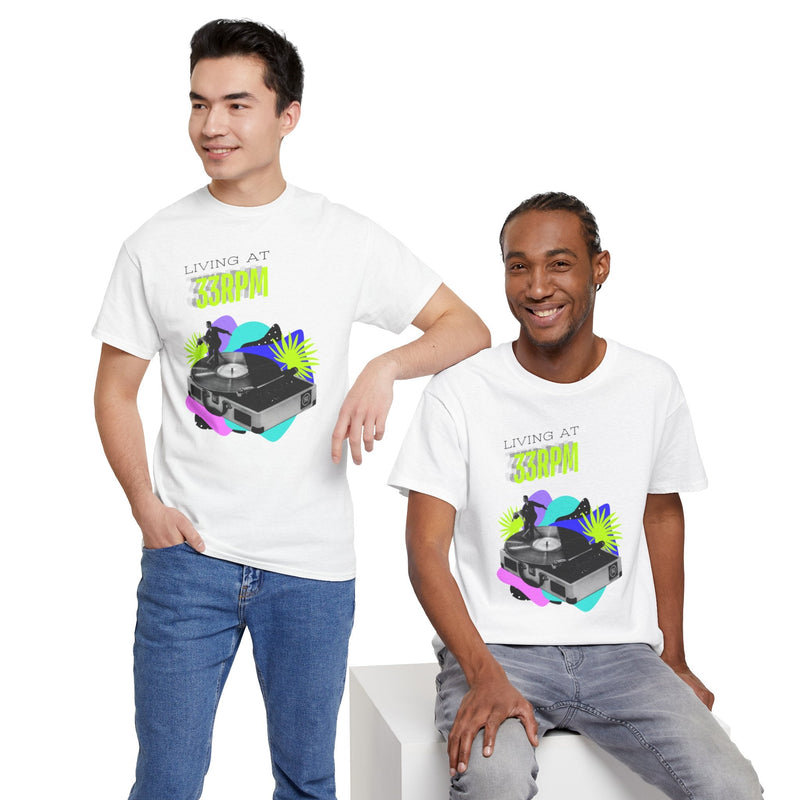 'Living at 33rpm' Flouro Men's T-Shirt, size reference