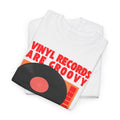 'Vinyl Records Are Groovy' Bold T-Shirt, size reference