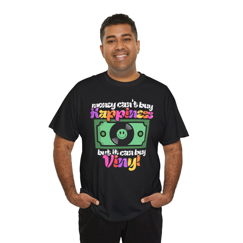 'Money can't buy happiness' Men's Vinyl T-Shirt, in display