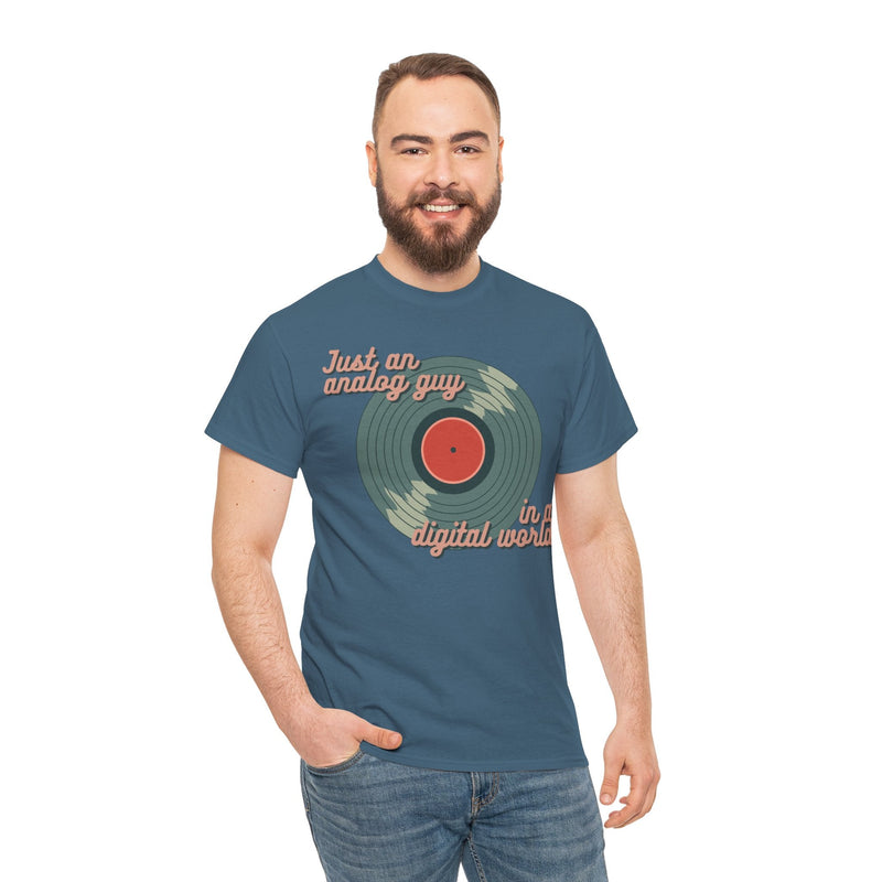 'Just an Analog Guy, In a Digital World' Men's T-Shirt, close-up detail