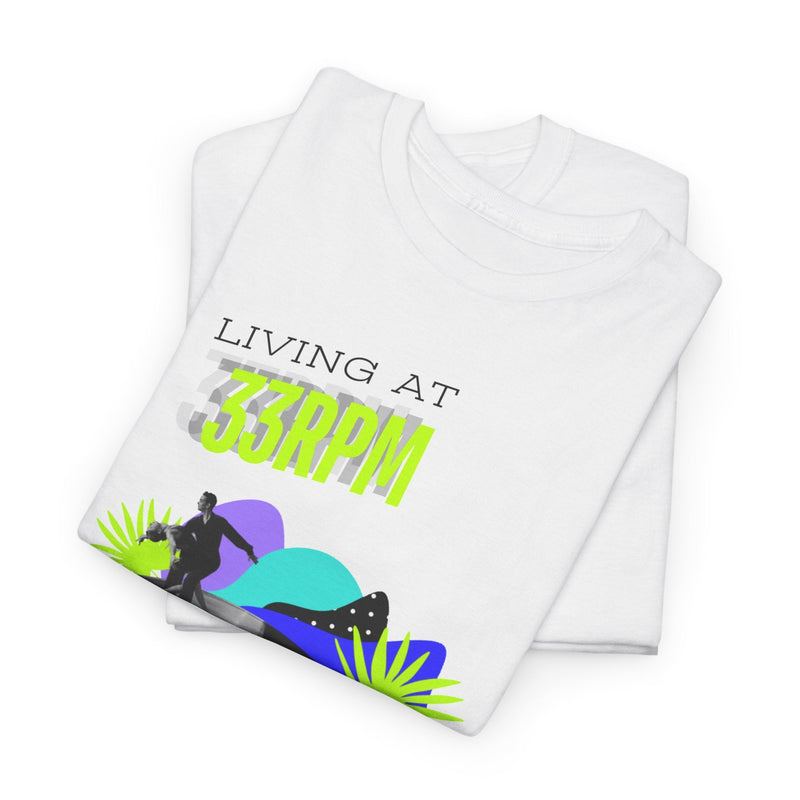 'Living at 33rpm' Flouro Men's T-Shirt, close-up detail