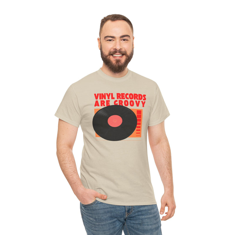 'Vinyl Records Are Groovy' Bold T-Shirt, side angle