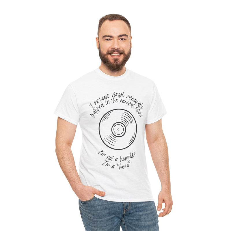 'I'm Not a Hoarder, I'm a Hero' Men's Vinyl T-Shirt, side angle