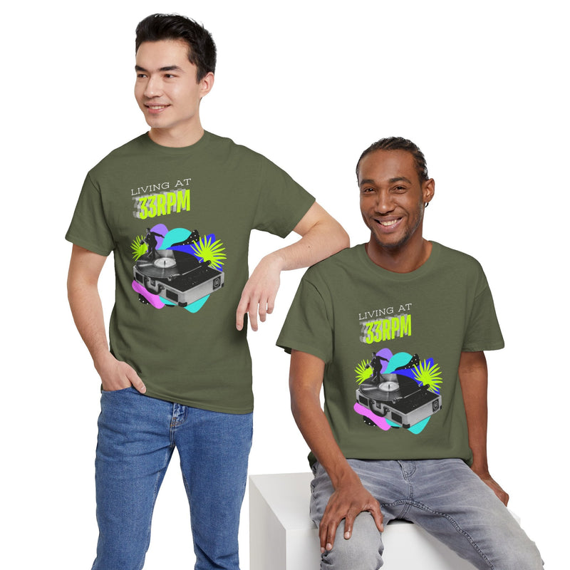 'Living at 33rpm' Flouro Men's T-Shirt, side angle