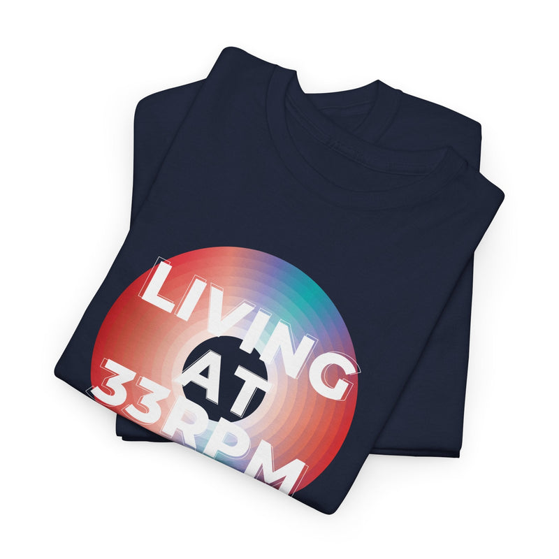 'Living at 33rpm' Men's Vinyl T-Shirt, side angle