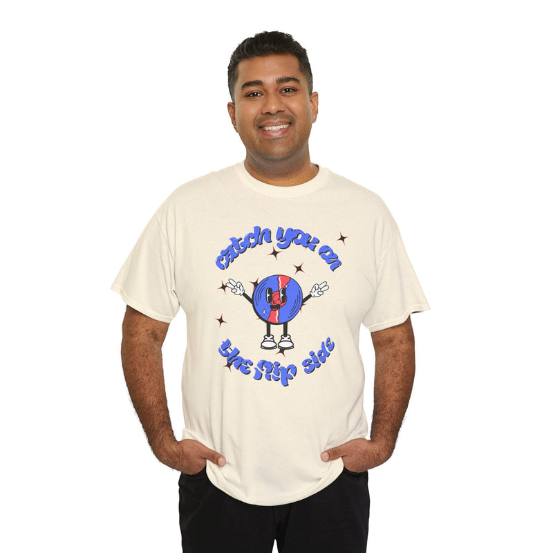'Catch You On The Flip Side' Men's Vinyl T-Shirt, side angle