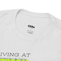 'Living at 33rpm' Flouro Men's T-Shirt, close-up detail