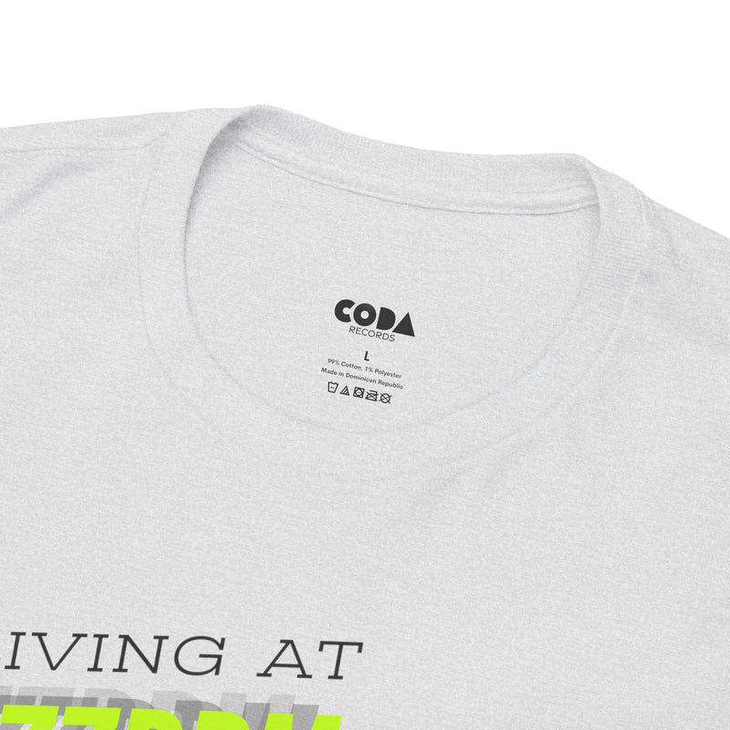 'Living at 33rpm' Flouro Men's T-Shirt, close-up detail