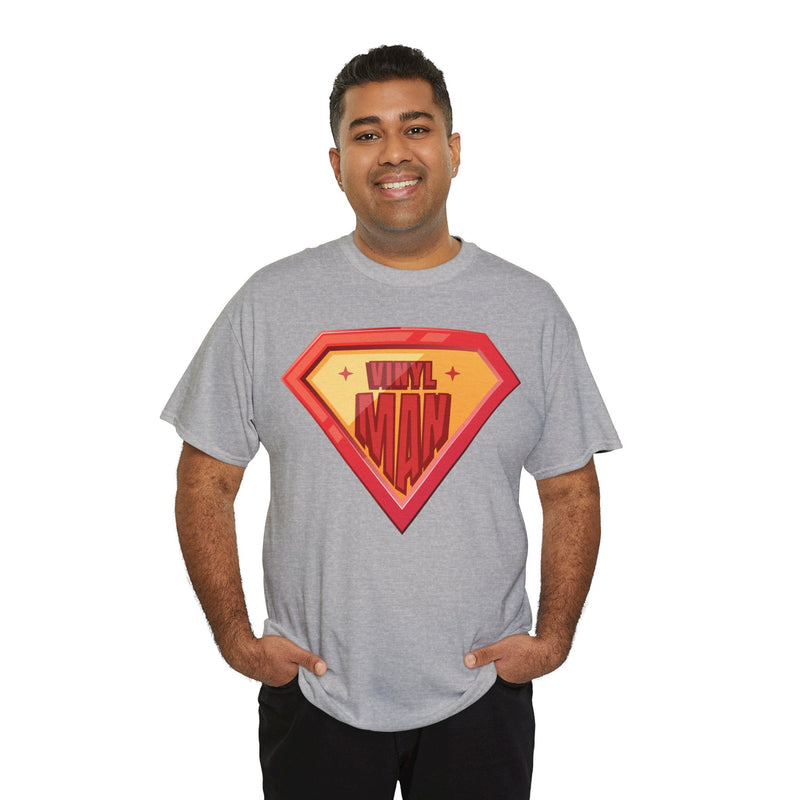 'Vinyl Man' Men's Superhero T-Shirt, showing reverse