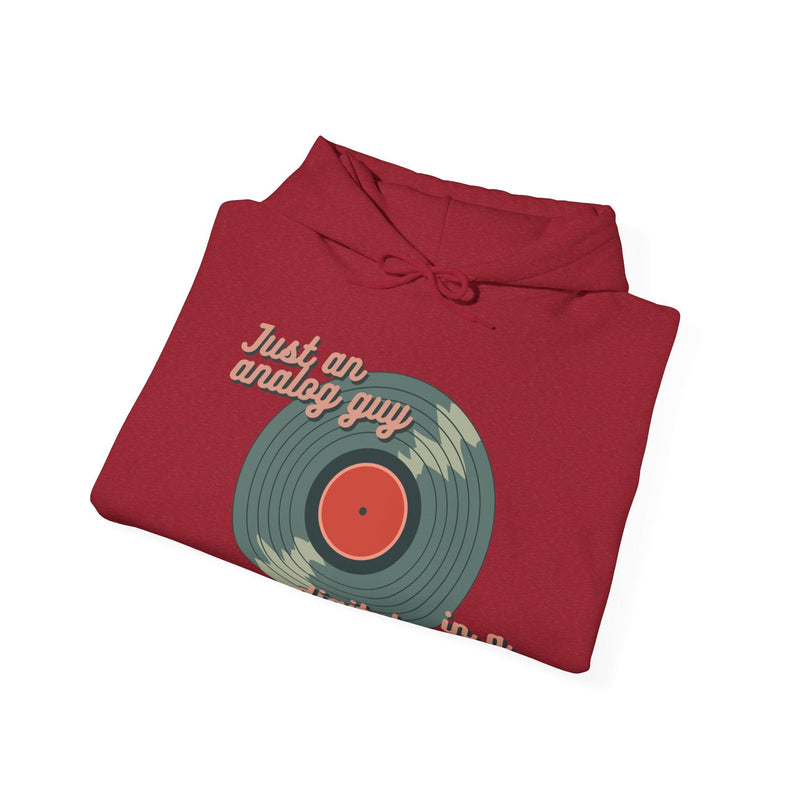 'Just an Analog Guy in a Digital World' Hooded Sweatshirt, close-up detail