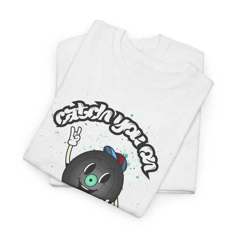 'Catch You On The Flip Side' Men's Vinyl T-Shirt, close-up detail