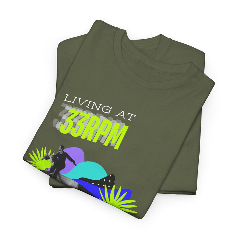 'Living at 33rpm' Flouro Men's T-Shirt, size reference