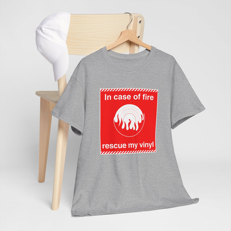 'In Case of Fire, Save My Vinyl' T-Shirt, showing reverse