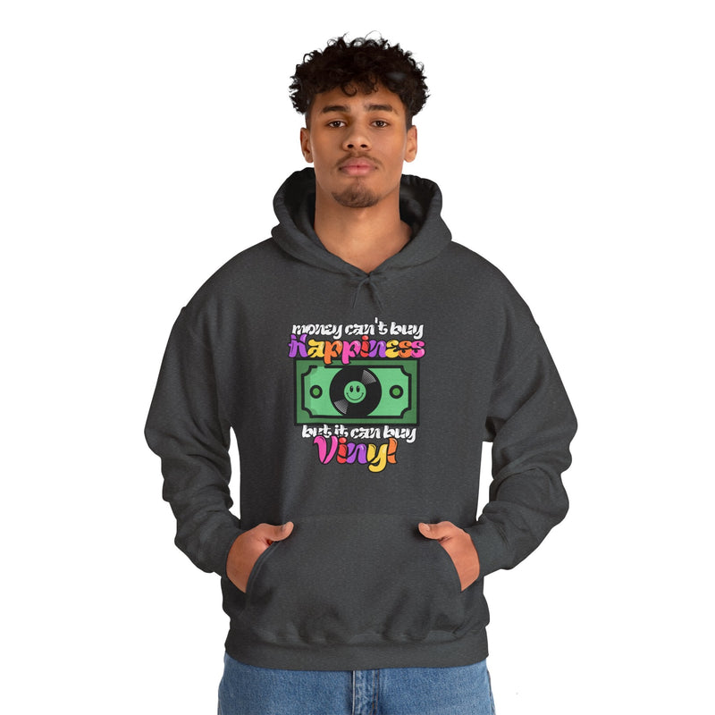 'Money Can't Buy Happiness, But It Can Buy Vinyl' Men's Hoodie, close-up detail