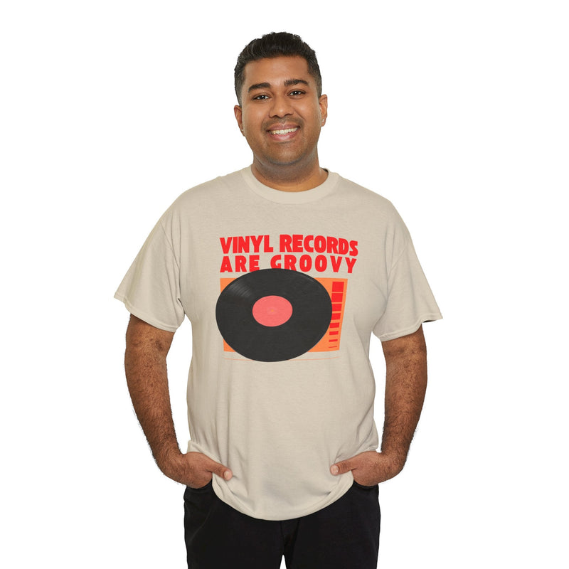 'Vinyl Records Are Groovy' Bold T-Shirt, close-up detail
