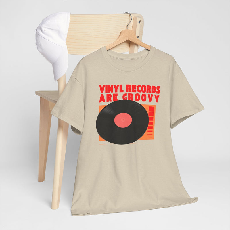 'Vinyl Records Are Groovy' Bold T-Shirt, showing reverse