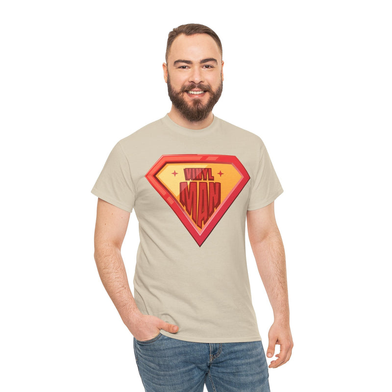 'Vinyl Man' Men's Superhero T-Shirt, showing reverse